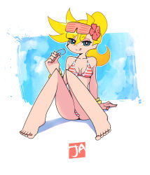 Rule 34 | 1girl, :q, arm support, bare arms, bare shoulders, barefoot, bikini, blonde hair, blue background, blue eyes, bright pupils, eyewear on head, flower, hair flower, hair ornament, hand up, highres, holding, j adsen, knees together feet apart, long hair, looking at viewer, nail polish, panty &amp; stocking with garterbelt, panty (psg), pink flower, pink nails, ponytail, red bikini, shutter shades, signature, sitting, smile, solo, striped bikini, striped clothes, swimsuit, toenail polish, toenails, tongue, tongue out