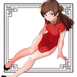 Rule 34 | 1girl, alternate hairstyle, arm support, black footwear, blush, breasts, brown eyes, brown hair, china dress, chinese clothes, closed mouth, dot nose, dress, flats, from above, hair bun, idolmaster, idolmaster million live!, idolmaster million live! theater days, kitazawa shiho, long hair, looking at viewer, looking up, medium breasts, pelvic curtain, red dress, shirop imas, short sleeves, side slit, single hair bun, sitting, smile, solo, white background