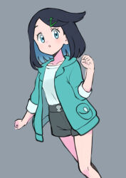 Rule 34 | 1girl, :o, absurdres, aqua eyes, black hair, clenched hand, clenched hands, collarbone, commentary request, cowlick, creatures (company), eyelashes, game freak, green jacket, grey background, hair ornament, hairclip, hand up, highres, jacket, knees, liko (pokemon), medium hair, nintendo, open clothes, open jacket, parted lips, pokemon, pokemon (anime), pokemon horizons, shirt, shorts, simple background, solo, tankobukids, white shirt
