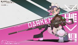 Rule 34 | 1girl, 1other, black skin, blue eyes, blue hair, colored skin, earrings, english text, flp 30, frills, glowing, gun, high heels, highres, holding, holding gun, holding weapon, horns, jewelry, looking at another, multicolored hair, on one knee, pink hair, pointy ears, puffy sleeves, purple hair, rifle, see-through, single horn, sitting, sniper rifle, streaked hair, suppressor, weapon, zutto mayonaka de ii no ni