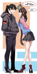 Rule 34 | 1boy, 1girl, absurdres, arm behind back, arm up, black footwear, black pants, black skirt, blue hair, blue sweater, blush, brown hair, commander (girls&#039; frontline), commentary request, commission, commissioner upload, dogs (dlrkdejr26), english text, female commander (girls&#039; frontline), full body, german flag, girls&#039; frontline, grey hoodie, hands in pockets, high heels, highres, holding, holding mistletoe, hood, hood down, hoodie, leaning forward, long hair, long sleeves, looking at another, looking to the side, mistletoe, multicolored hair, open mouth, original, pants, parted lips, pink shirt, pleated skirt, ponytail, red footwear, red hair, red ribbon, ribbon, shirt, shoes, side ponytail, skirt, sleeveless, sleeveless sweater, smile, speech bubble, standing, streaked hair, sweatdrop, sweater, very long hair