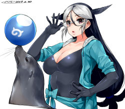 Rule 34 | 10s, 1girl, animal ears, artist name, ball, black hair, breasts, california sea lion (kemono friends), cleavage, dated, gloves, hair ornament, happa (cloverppd), japari symbol, kemono friends, kemono friends 2, long hair, low ponytail, multicolored hair, open mouth, sea lion, simple background, solo, two-tone hair, upper body, white background, white hair