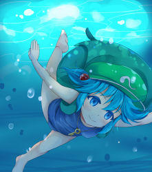 Rule 34 | 1girl, backpack, bag, barefoot, blue eyes, blue hair, blue one-piece swimsuit, bubble, diving, freediving, hair bobbles, hair ornament, hat, jewelry, kawashiro nitori, key, matching hair/eyes, necklace, niiya, one-piece swimsuit, school swimsuit, smile, solo, swimming, swimsuit, touhou, twintails, two side up, underwater