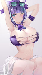 Rule 34 | 1girl, absurdres, animal ears, aqua eyes, arm garter, armpits, arms up, azur lane, bare shoulders, bikini, blue eyes, blush, bow, breasts, cat ears, cheshire (azur lane), cheshire (summery date!) (azur lane), choker, cleavage, closed mouth, eyewear on head, fake animal ears, fangs, frilled bikini, frills, groin, highres, large breasts, looking at viewer, mile (off8mile), multicolored hair, navel, no panties, one eye closed, purple hair, short hair, simple background, skin fangs, smile, solo, stomach, streaked hair, string bikini, sunglasses, swimsuit, thighs, two-tone hair