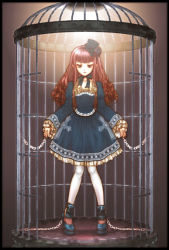 Rule 34 | 1girl, bdsm, blue eyes, bondage, bound, cage, chain, cross, frills, goth fashion, gothic lolita, hat, knees together feet apart, lolita fashion, mini hat, mini top hat, pantyhose, red hair, ringlets, ryuuran, solo, thighhighs, top hat