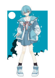 Rule 34 | 1girl, absurdres, ayanami rei, bare shoulders, black socks, blue dress, blue hair, dorarin, dress, full body, hand in pocket, highres, hood, hooded jacket, jacket, looking at viewer, multicolored clothes, multicolored jacket, neck ribbon, neon genesis evangelion, red eyes, ribbon, school uniform, shoes, short hair, smile, sneakers, socks, solo, sparkle, tokyo-3 middle school uniform, two-tone jacket, v