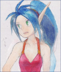 Rule 34 | 1girl, angel wings, blue hair, breasts, breath of fire, breath of fire ii, collarbone, dragon, dragon girl, facing away, green eyes, hair tie, high ponytail, japanese text, long hair, looking to the side, lowres, monster girl, open mouth, patty the phantom thief, pointed eara, pointy ears, ponytail, simple background, sleeveless, slit pupils, small breasts, solo, talking, teeth, tongue, traditional media, upper body, very long hair, wings