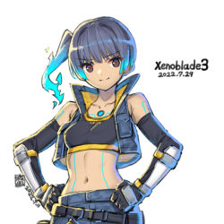 Rule 34 | 1girl, bare shoulders, blue hair, breasts, brown eyes, chest jewel, collarbone, dated, fiery hair, glowing lines, hand on own hip, midriff, navel, ponytail, saitou masatsugu, sena (xenoblade), short shorts, shorts, side ponytail, signature, simple background, small breasts, smile, solo, sports bra, toned, xenoblade chronicles (series), xenoblade chronicles 3