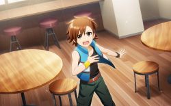 Rule 34 | 1boy, belt, black shirt, black tank top, brown eyes, brown hair, chair, child, fingernails, glint, highres, idolmaster, idolmaster side-m, idolmaster side-m live on stage!, indoors, jacket, looking at viewer, male focus, official art, open clothes, open jacket, open mouth, pants, pocket, shirt, sleeveless, sleeveless jacket, solo, table, tachibana shiro (idolmaster), tank top, teeth, third-party source, unzipped, upper teeth only, watch, wooden floor