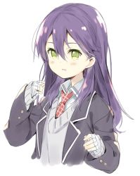 Rule 34 | 1girl, bandaged hand, bandages, black jacket, blazer, blush, collared shirt, commentary request, cropped torso, genderswap, genderswap (mtf), green eyes, grey sweater, hair between eyes, hands up, jacket, kenmochi touya, long hair, long sleeves, meito (maze), necktie, nijisanji, open clothes, open jacket, parted lips, purple hair, red necktie, school uniform, shirt, simple background, sleeves past wrists, solo, sweater, upper body, v-neck, virtual youtuber, white background, white shirt