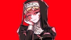 Rule 34 | 1girl, blonde hair, cross, cross necklace, double (skullgirls), hand on own cheek, hand on own face, highres, jewelry, juliet sleeves, long sleeves, necklace, nun, one eye closed, puffy sleeves, red eyes, skullgirls, smile, solo, upper body, whiskome