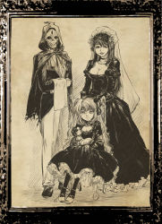 Rule 34 | 1boy, 2girls, breasts, chair, character doll, choker, cleavage, cloak, doll, dress, flower, formal, framed, gothic lolita, hades (p&amp;d), hair flower, hair ornament, hera (p&amp;d), highres, hood, horns, husband and wife, jewelry, lolita fashion, long hair, long sleeves, looking at viewer, monochrome, multiple girls, necklace, pants, parted lips, persephone (p&amp;d), picture frame, puffy long sleeves, puffy sleeves, puzzle &amp; dragons, sepia, sharp teeth, shoes, sitting, skull, standing, teeth, third eye, tomotsuka haruomi, veil, yomi (p&amp;d)