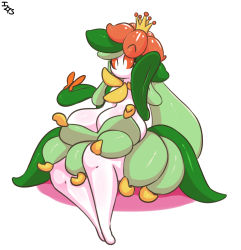 Rule 34 | 1girl, arm up, breasts, bug, butterfly, cleavage, colored sclera, creatures (company), crown, diamond (shape), female focus, flower, full body, game freak, gen 5 pokemon, green hair, hair flower, hair ornament, hand up, highres, huge breasts, immortalstar, insect, lilligant, long hair, looking down, mini crown, nintendo, no humans, no mouth, orange flower, orange sclera, pokemon, pokemon (creature), pokemon bw, simple background, sitting, solo, text focus, watermark, white background, white eyes