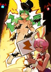 Rule 34 | 2girls, 33dot, bat, bow, bowtie, breasts, closed eyes, electricity, electrocution, green hair, hat, highres, large breasts, leotard, lilith aensland, long hair, morrigan aensland, multiple girls, nude, pink hair, playboy bunny, rabbit ears, rabbit tail, short hair, small breasts, vampire (game)