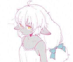 Rule 34 | 1girl, ahoge, animal ears, bare shoulders, bow, breasts, camisole, closed mouth, colored skin, flat color, green bow, grey skin, hair bow, horizontal pupils, limited palette, long hair, looking at viewer, low twintails, original, sheep ears, sheep girl, simple background, small breasts, solo, spaghetti strap, terayamaden, twintails, twitter username, upper body, white background, white camisole, white hair, yellow eyes
