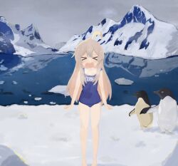 Rule 34 | &gt; &lt;, 1girl, a-pose, absurdres, ahoge, bare legs, barefoot, bird, blue one-piece swimsuit, character name, clenched hands, closed eyes, cold, collarbone, colored inner hair, covered navel, furrowed brow, gloom (expression), highres, iceberg, light brown hair, long hair, multicolored hair, naaga sonomono, ocean, one-piece swimsuit, onii-chan wa oshimai!, open mouth, overcast, oyama mahiro, penguin, pink hair, reflection, reflective water, school swimsuit, sky, snot, solo, standing, sweatdrop, swimsuit