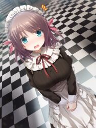 Rule 34 | 1girl, alternate costume, aoi tori (purple software), apron, aqua eyes, black dress, blush, braid, breasts, brown hair, chaamii, checkered floor, collar, commentary request, cowboy shot, dress, embarrassed, enmaided, eyelashes, eyes visible through hair, foreshortening, frilled apron, frilled collar, frills, hair between eyes, hair ribbon, highres, impossible clothes, indoors, juliet sleeves, large breasts, long sleeves, looking at viewer, maid, maid apron, medium hair, neck ribbon, nose blush, notice lines, open mouth, own hands together, puffy sleeves, red ribbon, ribbon, side braids, signature, solo, standing, surprised, two side up, umino akari, v arms, wavy mouth, white apron, white collar, wide-eyed