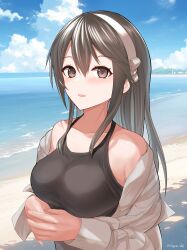 Rule 34 | 1girl, absurdres, adapted costume, alternate costume, beach, black hair, black one-piece swimsuit, blue sky, blush, breasts, brown eyes, cloud, dangan kurabu, day, hairband, haruna (kancolle), highres, horizon, kantai collection, large breasts, long hair, long sleeves, looking at viewer, ocean, one-piece swimsuit, outdoors, sand, sky, smile, solo, swimsuit, upper body, water