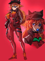 Rule 34 | 1girl, alternate breast size, bodysuit, bodysuit under clothes, breasts, brown hair, candy, curvy, evangelion: 3.0 you can (not) redo, eyepatch, food, full body, gamjasssak, gradient background, hat, highres, jacket, large breasts, long hair, looking at viewer, neon genesis evangelion, plugsuit, rebuild of evangelion, red background, red jacket, shiny clothes, shiny skin, skin tight, solo, souryuu asuka langley, standing, very long hair, wide hips