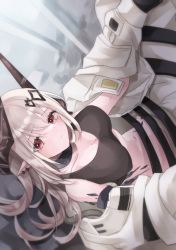 Rule 34 | 1girl, arknights, black collar, black shirt, breasts, cleavage, collar, crop top, demon horns, dutch angle, ear piercing, elite ii (arknights), from above, grey hair, highres, horns, infection monitor (arknights), jacket, large breasts, long hair, looking at viewer, material growth, mudrock (arknights), mudrock (elite ii) (arknights), open clothes, open jacket, oripathy lesion (arknights), piercing, pointy ears, red eyes, saiko (saisaka), shirt, solo, white jacket
