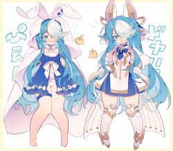 Rule 34 | 1girl, animal ears, armored boots, azur lane, bare legs, barefoot, blanket, blue hair, boots, clothing cutout, commentary, doyagao, dual persona, fake animal ears, full body, hair over one eye, highres, horse ears, knees together feet apart, lingerie, long hair, maille-breze (azur lane), maille-breze (the noble knight&#039;s last stand) (azur lane), manjuu (azur lane), multicolored hair, navel, navel cutout, neck ribbon, negligee, official alternate costume, open mouth, panties, peroppafu, rabbit ears, ribbon, scared, sketch, smug, standing, streaked hair, swept bangs, thigh strap, thighs, underwear, very long hair, wavy mouth, white footwear, white hair, white panties, white ribbon