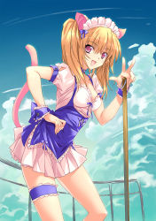 Rule 34 | 1girl, :d, animal ears, blonde hair, broom, cat ears, cat tail, choker, cloud, day, bridal garter, maid, maid headdress, mamecchi, open mouth, original, pink eyes, skirt, smile, solo, tail, twintails, v, wrist cuffs