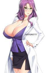 Rule 34 | 1girl, artist name, black-framed eyewear, black skirt, blush, breasts, cleavage, closed mouth, coat, collarbone, cowboy shot, curvy, doctor, dress shirt, eyelashes, female focus, gigantic breasts, glasses, hand on own hip, highres, jewelry, lab coat, long hair, looking at viewer, mature female, miniskirt, necklace, original, pink lips, purple hair, purple shirt, sayori777nsfw, shirt, side slit, simple background, skirt, smile, solo, standing, unbuttoned, unbuttoned shirt, white background, white coat, yellow eyes