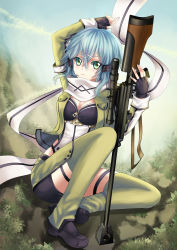 Rule 34 | 10s, 1girl, absurdres, anti-materiel rifle, aqua hair, bolt action, breasts, cleavage, fingerless gloves, full body, gloves, green eyes, gun, highres, pgm hecate ii, rifle, scarf, scope, short hair, short shorts, shorts, sinon, sniper rifle, solo, sword art online, weapon, yoneyu