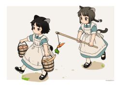 Rule 34 | 2girls, akai sashimi, animal ears, apron, aqua dress, artist name, black eyes, black footwear, black hair, border, braid, brown eyes, brown hair, bucket, buttons, carrot, carrot on stick, cat ears, cat girl, cat tail, collared dress, commentary, dress, eel, full body, grey background, holding, holding bucket, holding stick, long hair, mary janes, multiple girls, original, outside border, pantyhose, shoes, short hair, short sleeves, simple background, standing, stick, symbol-only commentary, tail, walking, white apron, white border, white pantyhose