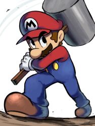 Rule 34 | 1boy, blue overalls, boots, brown footwear, brown hair, facial hair, gloves, hammer, hat, highres, holding, holding hammer, holding weapon, looking at viewer, male focus, mario, mario &amp; luigi rpg, mario (series), masanori sato (style), mustache, nintendo, over shoulder, overalls, red hat, red shirt, shirt, short hair, simple background, solo, weapon, weapon over shoulder, white background, white gloves, ya mari 6363