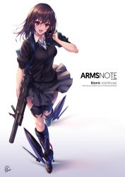 Rule 34 | 1girl, :d, announcement, arms note, assault rifle, backpack, bag, bionic joshikousei (fukai ryousuke), blue ribbon, boots, brown eyes, brown hair, bullpup, cardigan, cellphone, character name, circle name, collared shirt, copyright name, english text, foregrip, fukai ryosuke, full body, grey skirt, gun, hair between eyes, hair in face, hair ornament, hairclip, highres, holding, holding gun, holding phone, holding weapon, magnetic weapon, mechanical boots, neck ribbon, open mouth, original, phone, pleated skirt, ribbon, rifle, romaji text, school uniform, shirt, shoe blade, signature, skirt, sleeves pushed up, smile, solo, standing, suppressor, talking on phone, thigh strap, vertical forward grip, walking, weapon, white background, wind