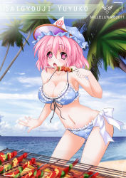 Rule 34 | 10s, 1girl, 2011, bbq, beach, bikini, blush, breasts, cleavage, cloud, cooking, day, eating, female focus, floral print, food, frilled bikini, frills, front-tie top, grill, grilling, hat, highres, large breasts, meat, millelunar, ocean, open mouth, palm tree, pink eyes, pink hair, saigyouji yuyuko, short hair, skewer, smile, solo, swimsuit, touhou, tree, triangular headpiece, water