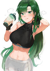 Rule 34 | 1girl, arm behind head, arm up, armpits, bare shoulders, black gloves, breasts, covered collarbone, earrings, fingerless gloves, fire emblem, fire emblem: the blazing blade, gloves, green eyes, green hair, highres, holding, jewelry, lips, long hair, looking at viewer, lyn (fire emblem), medium breasts, midriff, navel, nintendo, ormille, pants, shiny skin, simple background, sleeveless, solo, stomach, sweat, sweatdrop, tank top, tongue, tongue out, white background, white pants