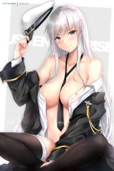 Rule 34 | 1girl, azur lane, bare shoulders, between breasts, black jacket, black necktie, black thighhighs, blush, breasts, buttons, cleavage, closed mouth, collarbone, dress shirt, enterprise (azur lane), hat, unworn hat, head tilt, unworn headwear, holding, holding clothes, holding hat, indian style, jacket, large breasts, long hair, long sleeves, looking at viewer, necktie, no bra, no panties, no shoes, off shoulder, open clothes, open jacket, peaked cap, purple eyes, rei kun, shirt, sidelocks, silver hair, sitting, smile, solo, thighhighs, white shirt