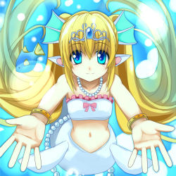 Rule 34 | 1girl, bare shoulders, blonde hair, blue eyes, bracelet, circlet, fins, fish, gem, jewelry, light smile, long hair, mermaid, midriff, miru, monster girl, navel, necklace, open hands, original, outstretched hand, palms, pearl (gemstone), pearl necklace, pointy ears, solo, twintails, underwater, very long hair, white mermaid