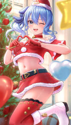 Rule 34 | 1girl, :d, absurdres, bare shoulders, bell, belt, black belt, blue eyes, blue hair, blush, boots, breasts, christmas, christmas ornaments, christmas tree, collar, cropped shirt, fur-trimmed boots, fur-trimmed headwear, fur-trimmed shirt, fur-trimmed skirt, fur trim, gloves, hair between eyes, hair ribbon, hat, heart, heart hands, highres, hololive, hoshimachi suisei, jingle bell, knee boots, long hair, looking at viewer, midriff, navel, neck bell, off-shoulder shirt, off shoulder, one eye closed, open mouth, red collar, red gloves, red hat, red shirt, red skirt, red thighhighs, ribbon, santa hat, shirt, side ponytail, skirt, small breasts, smile, solo, standing, standing on one leg, star (symbol), star in eye, symbol in eye, teeth, thighhighs, thighs, upper teeth only, virtual youtuber, wajuniorbox, white footwear
