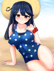 Rule 34 | 10s, 1girl, arm support, beach, black hair, blush, breasts, brown eyes, covered erect nipples, female focus, gradient background, hand on own chest, hat, kantai collection, large breasts, long hair, polka dot, polka dot swimsuit, sand, scrunchie, sitting, solo, sun hat, swimsuit, tenken (gotannda), ushio (kancolle), wrist scrunchie