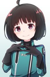 Rule 34 | 1girl, ahoge, amatori chika, black gloves, black hair, blue jacket, blush, closed mouth, commentary request, gloves, gradient background, grey background, hands up, highres, jacket, long sleeves, looking at viewer, nenosame, purple eyes, short hair, solo, upper body, white background, world trigger
