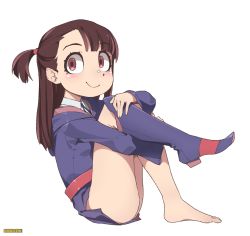 Rule 34 | 1girl, bad id, bad pixiv id, barefoot, bell, brown hair, closed mouth, collar, dress, from side, full body, hand on own leg, highres, kagari atsuko, legs together, little witch academia, long hair, looking at viewer, neck ribbon, on floor, once 11h, purple dress, purple footwear, purple hood, purple ribbon, red eyes, ribbon, shirt, simple background, sitting, smile, solo, white background, white shirt