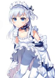 Rule 34 | 1girl, apron, azur lane, bad id, bad pixiv id, belfast (azur lane), black ribbon, blue bow, blue dress, blush, bow, bow panties, braid, closed mouth, clothes lift, collarbone, commentary request, dress, dress lift, frilled apron, frills, hair ribbon, highres, lifted by self, little bel (azur lane), looking at viewer, maid, maid headdress, one side up, panties, panties under pantyhose, pantyhose, rangen, ribbon, simple background, sleeveless, sleeveless dress, smile, solo, striped, striped bow, thighband pantyhose, underwear, waist apron, white apron, white background, white pantyhose