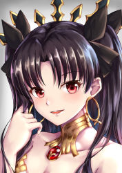 Rule 34 | 1girl, :d, black bow, black hair, bow, breasts, choker, cleavage, diadem, earrings, fate/grand order, fate (series), flower, grey background, hair bow, ishtar (fate), jewelry, kelinch1, long hair, looking at viewer, medium breasts, open mouth, portrait, red eyes, rose, smile, solo, twintails