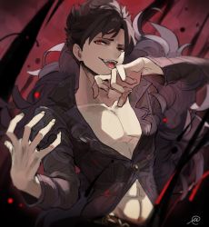 Rule 34 | 1boy, abs, amise, belial (granblue fantasy), belt, black hair, black shirt, fang, feather boa, granblue fantasy, laughing, long sleeves, looking at viewer, male focus, open clothes, open hand, open mouth, pectorals, red eyes, revealing clothes, shirt, smile, solo, toned, toned male, upper body