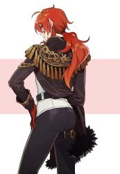 Rule 34 | 1boy, ahoge, ass, black jacket, black pants, diluc (genshin impact), epaulettes, from behind, fur trim, genshin impact, gloves, hand on own hip, highres, honlo, jacket, long hair, long sleeves, male focus, pants, ponytail, red eyes, red hair, simple background, solo, two-tone background