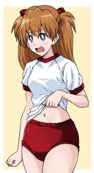 Rule 34 | 1girl, blouse, blue eyes, blush, border, bright pupils, buruma, clothes lift, commentary, frown, girls und panzer, gym shirt, gym uniform, hair ornament, highres, interface headset, lifting own clothes, long hair, looking to the side, navel, neon genesis evangelion, open mouth, orange hair, outside border, ponzu rui, red buruma, shirt, shirt lift, short sleeves, simple background, solo, souryuu asuka langley, standing, thighs, white border, white pupils, white shirt, yellow background