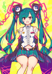 Rule 34 | 1girl, absurdres, blue skirt, breasts, collared shirt, detached sleeves, hatsune miku, highres, i.takashi, multicolored hair, open mouth, pink eyes, pink hair, shirt, sitting, skirt, sleeveless, sleeveless shirt, sleeves past fingers, sleeves past wrists, small breasts, solo, speaker, streaked hair, treble clef, twintails, vocaloid