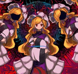 Rule 34 | 5girls, abstract, abstract background, absurdres, blonde hair, clone, closed mouth, dress, earrings, faceless, faceless female, folding fan, gap (touhou), hand fan, hat, hat ribbon, highres, holding, holding fan, jewelry, layered dress, long hair, long sleeves, looking at viewer, mob cap, multiple girls, neruzou, parted bangs, ribbon, serious, split mouth, tabard, touhou, trigram, very long hair, white dress, wide sleeves, yakumo yukari