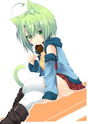 Rule 34 | 1girl, :3, ahoge, animal ears, blush, boots, cat ears, cat tail, collar, crossed legs, detached sleeves, dodome-iro mayonnaise, green eyes, green hair, hood, hoodie, matching hair/eyes, original, sharon (dodomayo), short hair, sitting, skirt, solo, tail, thighhighs, white thighhighs