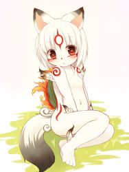 Rule 34 | 1girl, amaterasu (ookami), animal ears, blush, child, female focus, full body, furry, furry female, kida kuro mu, looking at viewer, navel, nude, ookami (game), personification, red eyes, short hair, solo, tail, white background, white hair, wolf, wolf ears, wolf tail