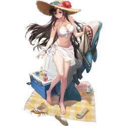 1girl :o barefoot bikini bottle box breasts brown_hair can chilunchilun collarbone cooler crab criss-cross_halter drink_can feet fingernails flower full_body girls&#039;_frontline green-framed_eyewear gun halterneck hat hat_flower highres ice ice_cube inflatable_shark inflatable_toy large_breasts long_hair lotion magazine_(weapon) nail_polish official_alternate_costume official_art parted_lips picnic_blanket pink_flower pink_nails red_eyes red_flower revision sandals sarong see-through_clothes see-through_sarong shadow shutter_shades simple_background skindentation soda_can solo standing standing_on_one_leg straw_hat submachine_gun sun_hat sunscreen swimsuit third-party_source toenail_polish toenails toes transparent_background type_64_(girls&#039;_frontline) type_64_(shark-riding_beauty)_(girls&#039;_frontline) type_64_smg unworn_sandals very_long_hair weapon white_bikini white_sarong