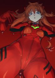 Rule 34 | 1girl, blood, blue eyes, blurry, bodysuit, breasts, cameltoe, crotch, depth of field, eyelashes, foreshortening, hair between eyes, hairpods, highres, lcl, long hair, looking at viewer, low angle, medium breasts, neon genesis evangelion, open mouth, orange hair, partially submerged, plugsuit, red bodysuit, sameda koban, shiny clothes, skin tight, souryuu asuka langley, two side up, very long hair, wide hips